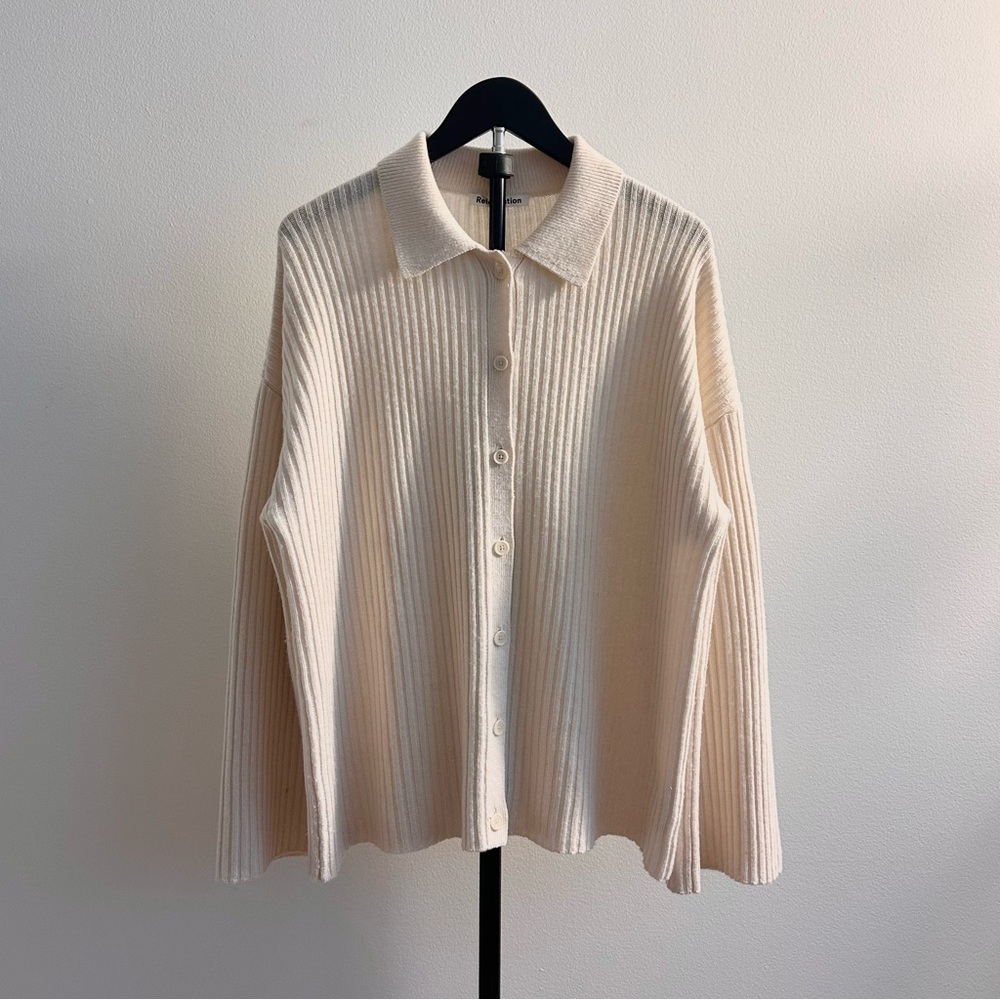 Reformation Fantino White/Cream/Ivory Cashmere Collared Shirt Cardigan Size S